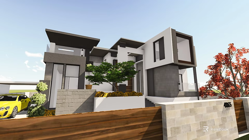 Modern Detached Villa With Large Windows Stone Walls And Green Plants 3d model 