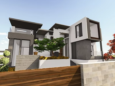 Modern Detached Villa With Large Windows Stone Walls And Green Plants 3d model
