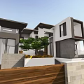 Modern Detached Villa With Large Windows Stone Walls And Green Plants