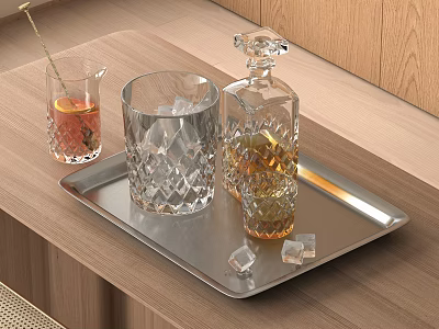 Elegant Whiskey Decanter and Glassware on Silver Tray with Ice Cubes Wooden Background 3d model