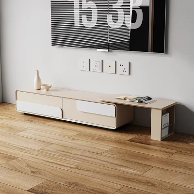 Modern Light Beige TV Stand in Living Room with Vase Magazine and Wooden Floor 3d model