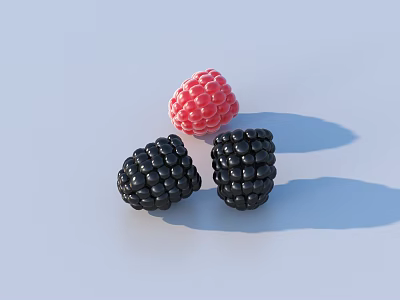 Fresh Berries One Red Raspberry And Two Black Blackberries On Light Background With Shadows 3d model