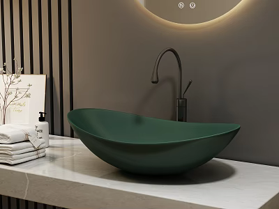 Green Bowl Vessel Sink With Black Faucet On White Marble Countertop And Striped Wall 3d model