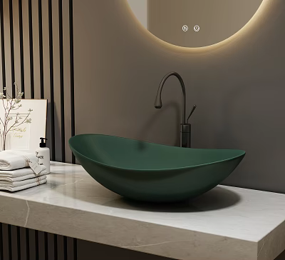 Green Bowl Vessel Sink With Black Faucet On White Marble Countertop And Striped Wall 3d model