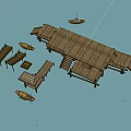 Traditional Wooden Boats on Water with Wooden Dock Piers and Thatched Pavilions