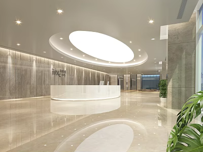 Modern Mall Lobby With White Reception Desk Circular Ceiling Light Marble Floor And Green Plants 3d model