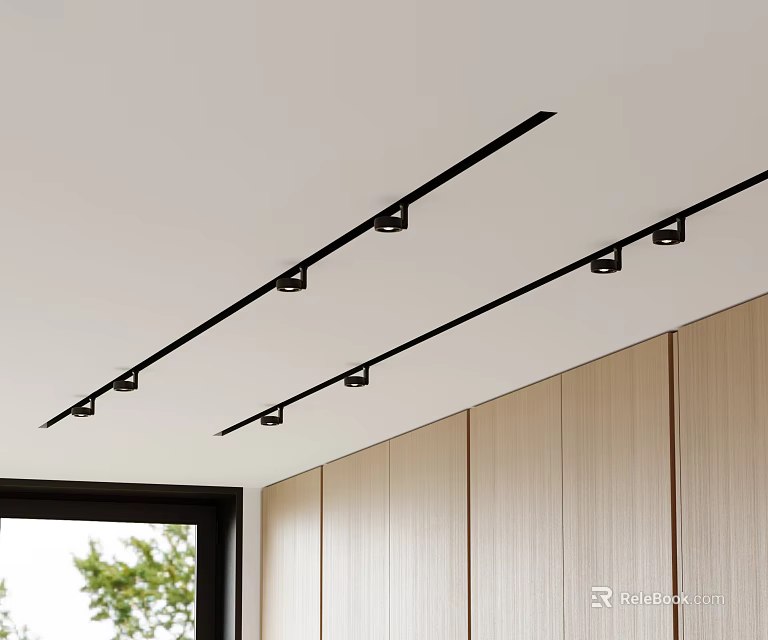 Modern Interior White Ceiling Linear Embedded Downlights And Spotlights With Wooden Panels 3d model 