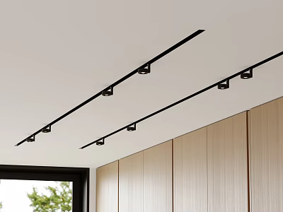 Modern Interior White Ceiling Linear Embedded Downlights And Spotlights With Wooden Panels 3d model