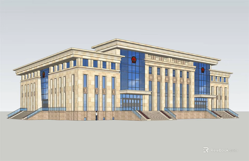 Symmetrical Government Building Exterior With Glass Windows Red Emblem And Front Steps 3d model 