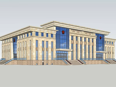 Symmetrical Government Building Exterior With Glass Windows Red Emblem And Front Steps 3d model