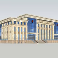 Symmetrical Government Building Exterior With Glass Windows Red Emblem And Front Steps