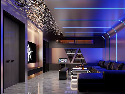 Modern KTV Lounge Interior With Neon Blue Lighting Sofas And Decor 3d model