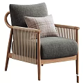 Modern Accent Chair With Wooden Frame Rattan Sides Light Gray Seat And Plaid Pillow
