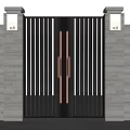 Modern Black Vertical Slat Gate With Grey Pillars And Brass Handles 3d model