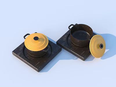 Black Cooking Pots With Yellow Striped Lids And Square Bases For Kitchen Use 3d model