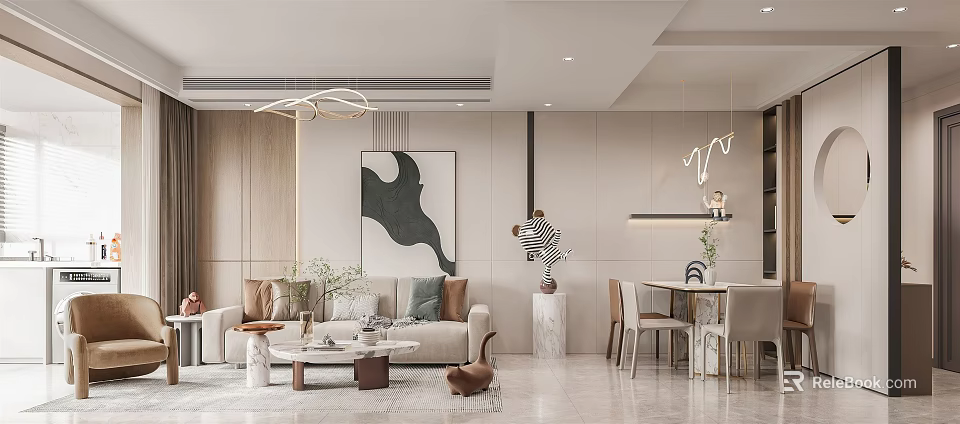 Modern Living and Dining Room Interior With Sofa Coffee Table Dining Table And Pendant Lights 3d model