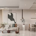 Modern Living and Dining Room Interior With Sofa Coffee Table Dining Table And Pendant Lights 3d model