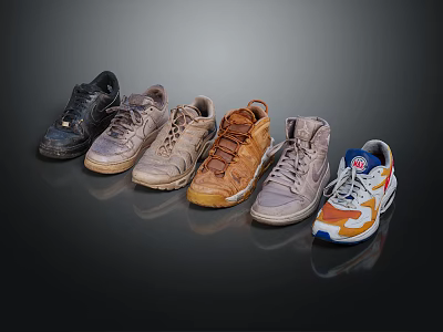 Six Pairs of Various Styles Sneakers with Color Gradient from Dark to Colorful 3d model