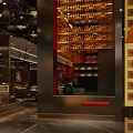 Elegant Modern Restaurant Interior With Dining Tables Chairs Wine Racks And Ambient Lighting