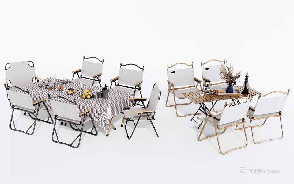 Outdoor Table Set With Foldable Metal Chairs And Striped Tablecloth For Garden Patio Use 3d model 
