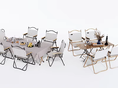 Outdoor Table Set With Foldable Metal Chairs And Striped Tablecloth For Garden Patio Use 3d model