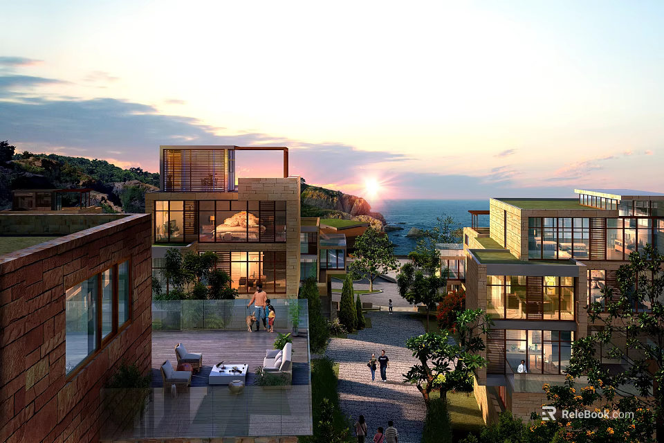 Modern Hotel Buildings with Sea View Sunset Outdoor Spaces Greenery and Glass Facades 3d model 