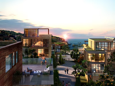 Modern Hotel Buildings with Sea View Sunset Outdoor Spaces Greenery and Glass Facades 3d model