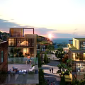 Modern Hotel Buildings with Sea View Sunset Outdoor Spaces Greenery and Glass Facades