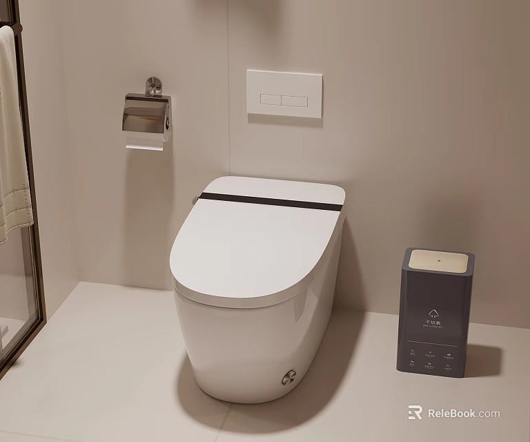 Modern Smart Toilet In Minimalist Bathroom With Control Panel And Paper Holder 3d model 