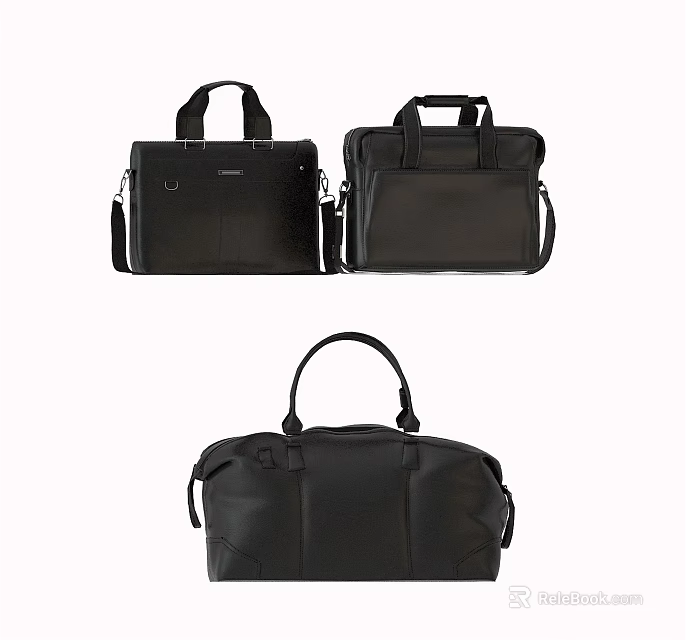 Three Black Leather Briefcases And Handbag With Top Handles And Shoulder Straps 3d model 