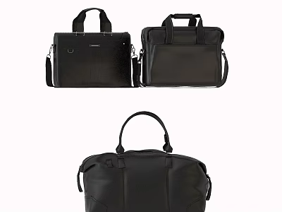 Three Black Leather Briefcases And Handbag With Top Handles And Shoulder Straps 3d model