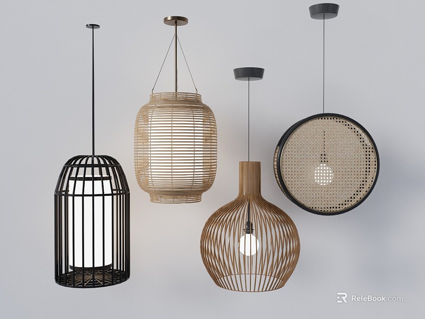 Modern Chandeliers with Rattan Wood Metal Cage and Round Designs for Home Decor Lighting 3d model 