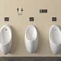 Three White Urinals Mounted On Wall In Restroom With Toilet Signs And Black Control Panels