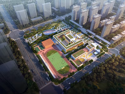 Aerial Planning of Urban Campus With Sports Field And Surrounding High Rise Buildings 3d model