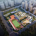 Aerial Planning of Urban Campus With Sports Field And Surrounding High Rise Buildings
