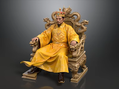 Man Wearing Yellow Dragon Robe And Crown Sitting On Ornate Dragon Throne 3d model