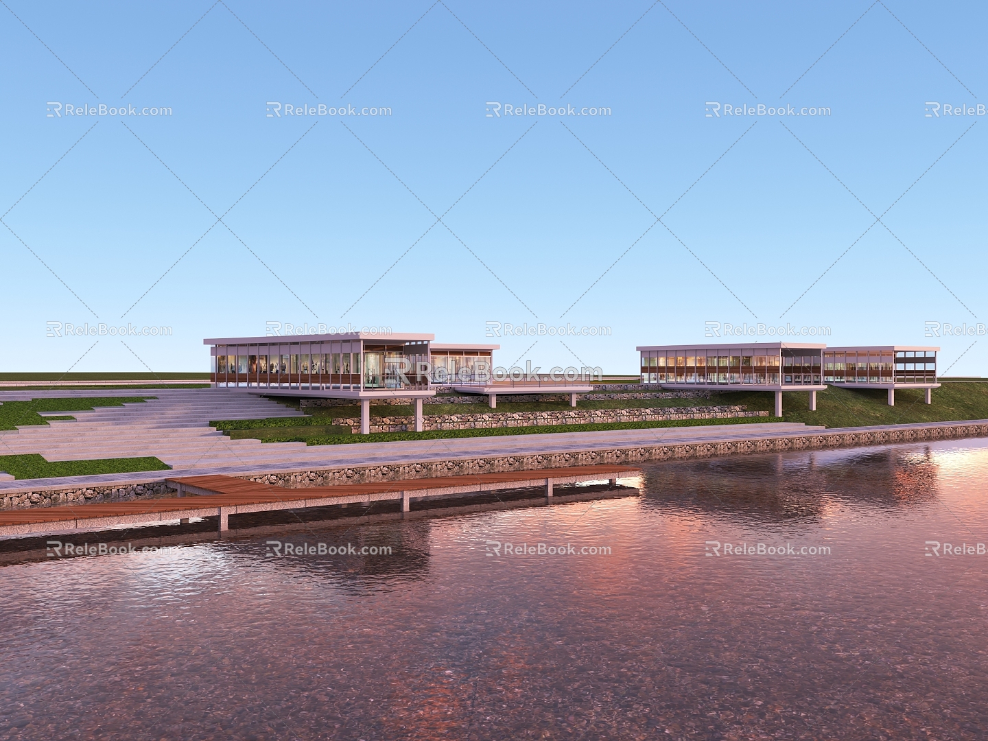 Modern waterfront landscape river landscape small building waterfront steps su 3d model