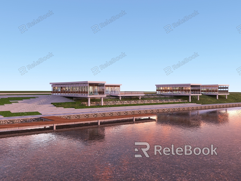 Modern waterfront landscape river landscape small building waterfront steps su model