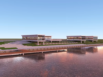 Waterfront Landscape With Modern Buildings By Water Walkway Green Lawn Calm Water Reflection Clear Sky 3d model