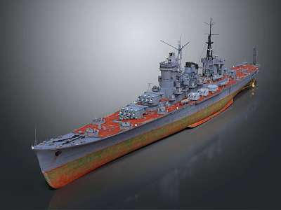 Detailed Battleship Model With Orange Deck Gray Superstructure Turrets And Masts 3d model