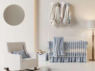 Soft Blue Baby Crib With White Rocking Chair And Hanging Baby Clothes In Nursery Room 3d model