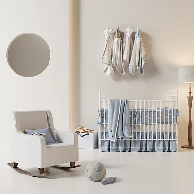 Soft Blue Baby Crib With White Rocking Chair And Hanging Baby Clothes In Nursery Room 3d model