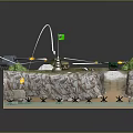 Cartoon Scenery of Cliff Island With Grass Lighthouse White Path Green Car Dock and Water