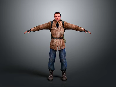 Male Character Wearing Brown Coat Blue Pants Brown Boots With Arms Outstretched Against Gray Background 3d model
