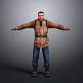 Male Character Wearing Brown Coat Blue Pants Brown Boots With Arms Outstretched Against Gray Background