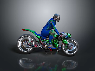 Green Sporty Motorcycle With Rider Wearing Blue Suit With Green Patterns And Helmet 3d model