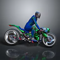 Green Sporty Motorcycle With Rider Wearing Blue Suit With Green Patterns And Helmet