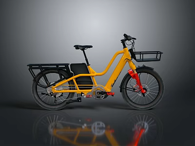Yellow Electric Bicycle With Front Basket Rear Rack And Red Accents 3d model