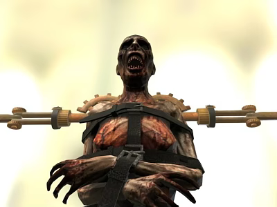 Gory Zombie Bound to Torture Device With Menacing Expression and Blood 3d model