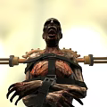 Gory Zombie Bound to Torture Device With Menacing Expression and Blood